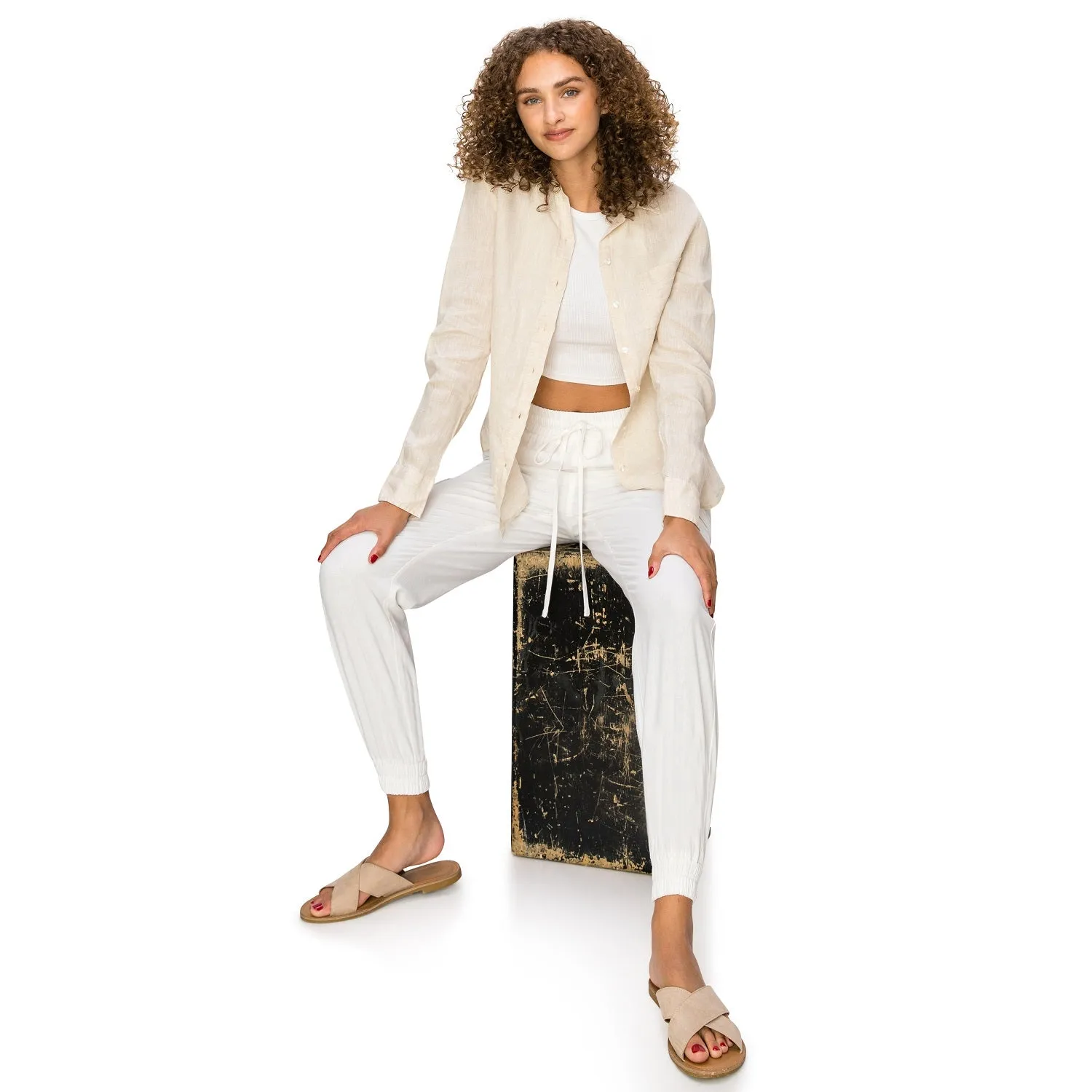Drawstring Waist Linen Cargo Jogger Pants - White