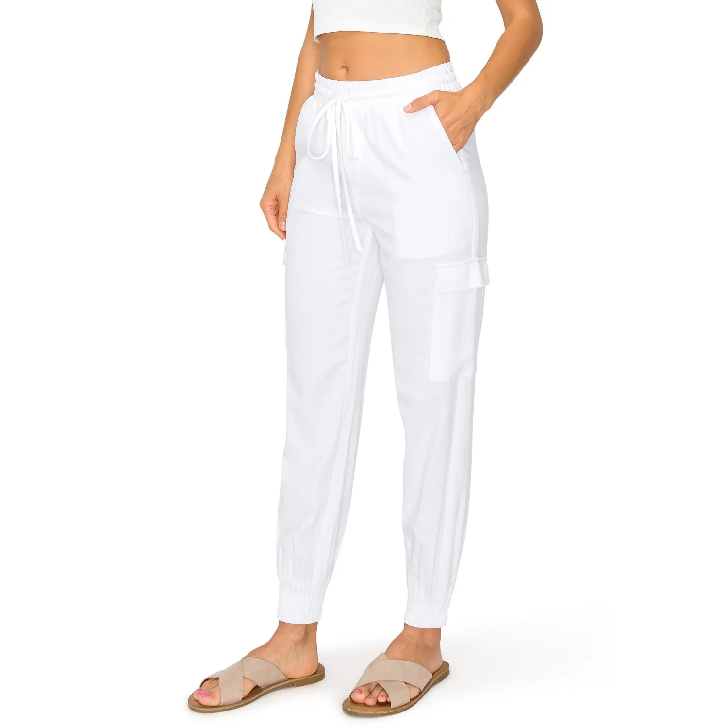 Drawstring Waist Linen Cargo Jogger Pants - White