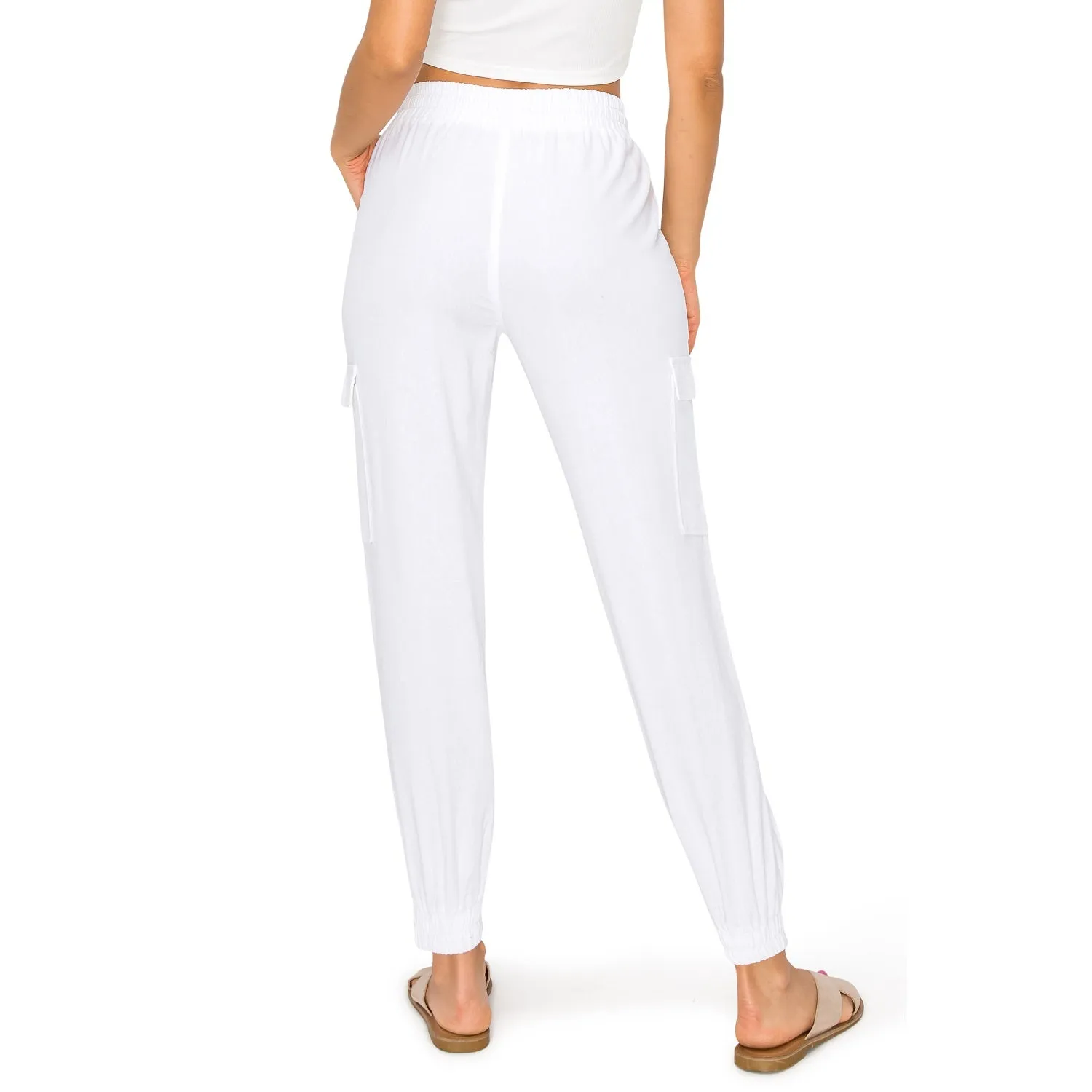 Drawstring Waist Linen Cargo Jogger Pants - White