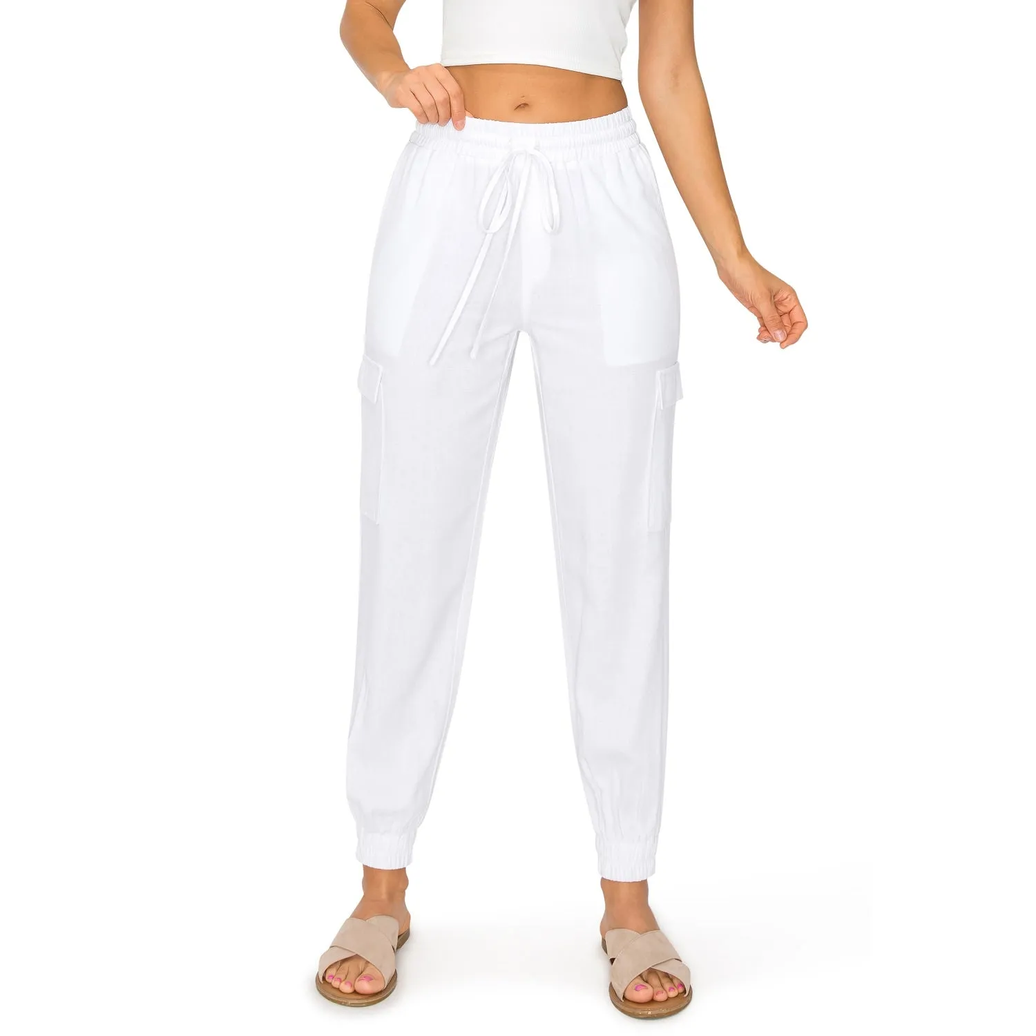 Drawstring Waist Linen Cargo Jogger Pants - White