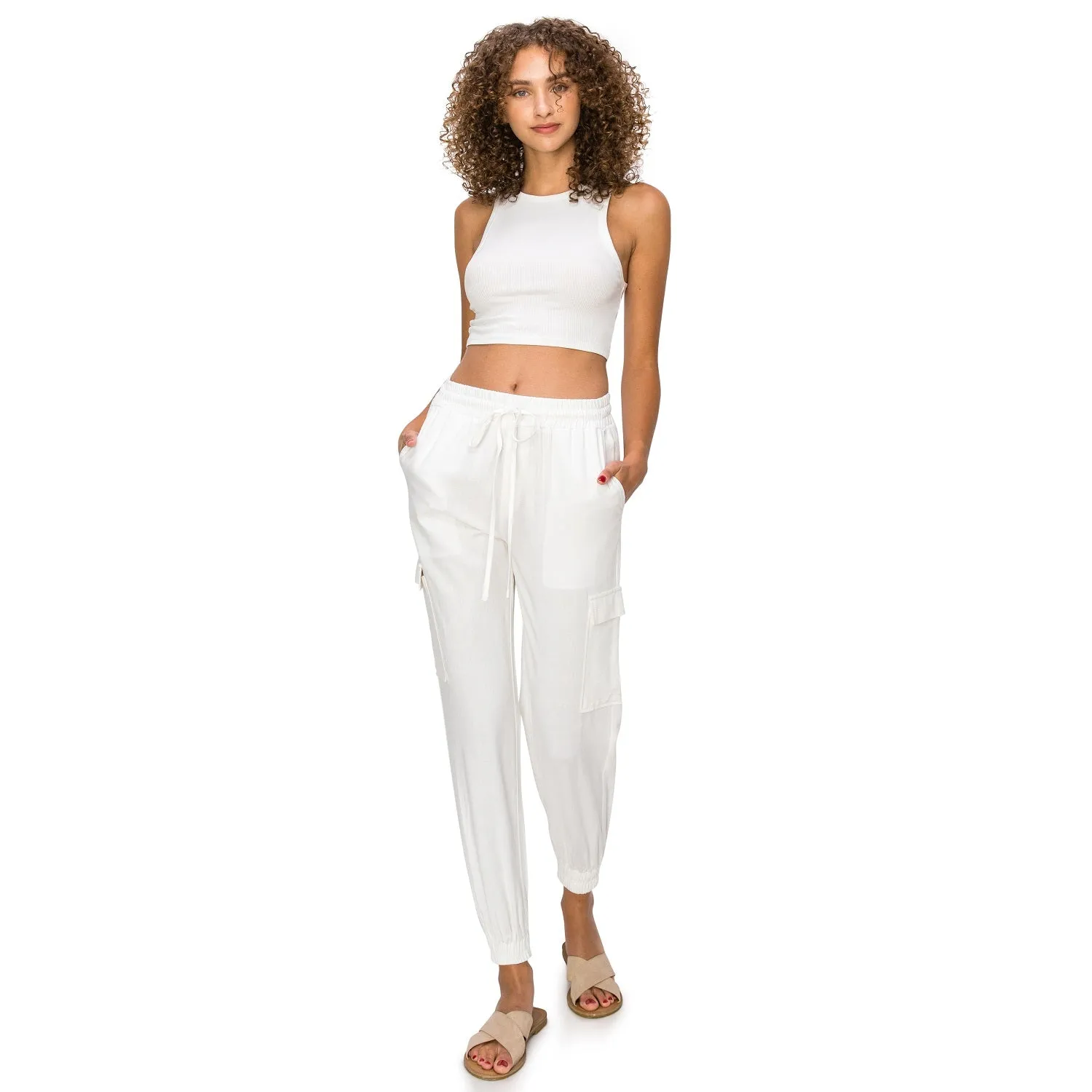Drawstring Waist Linen Cargo Jogger Pants - White