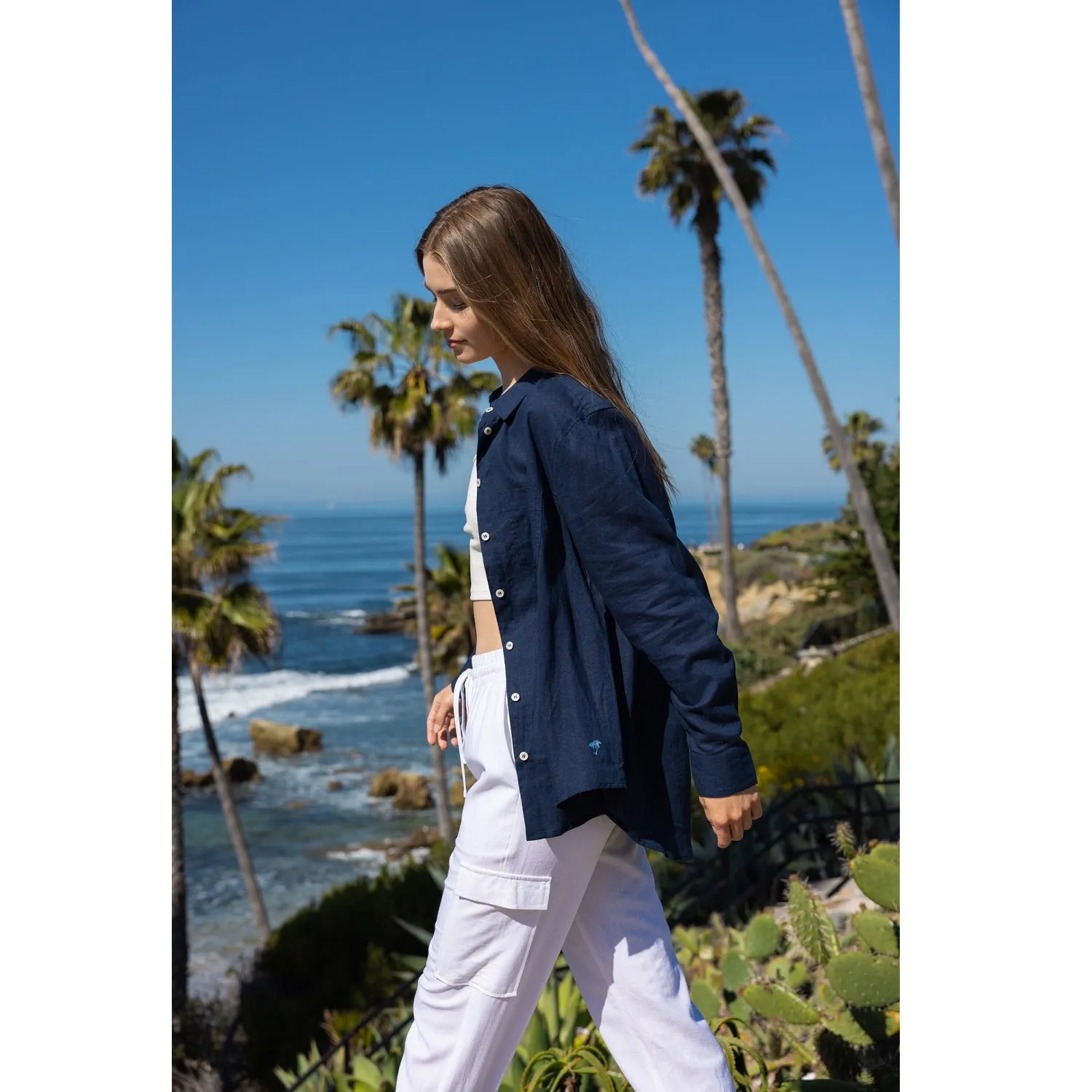Drawstring Waist Linen Cargo Jogger Pants - White