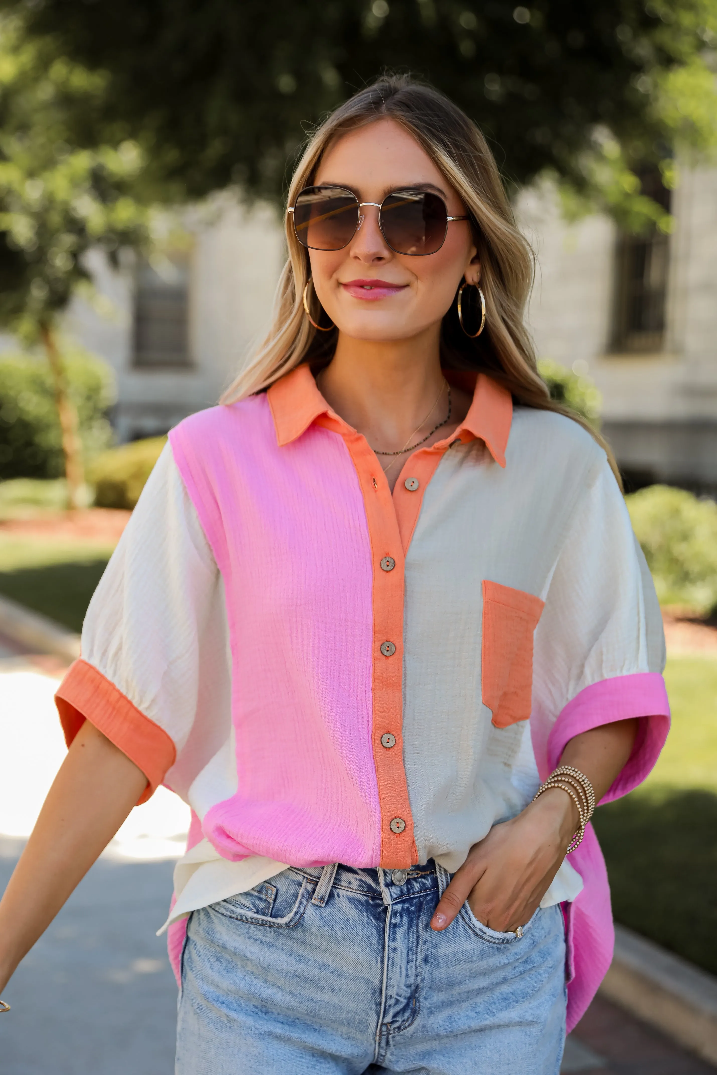 FINAL SALE - Daily Cuteness Color Block Linen Blouse