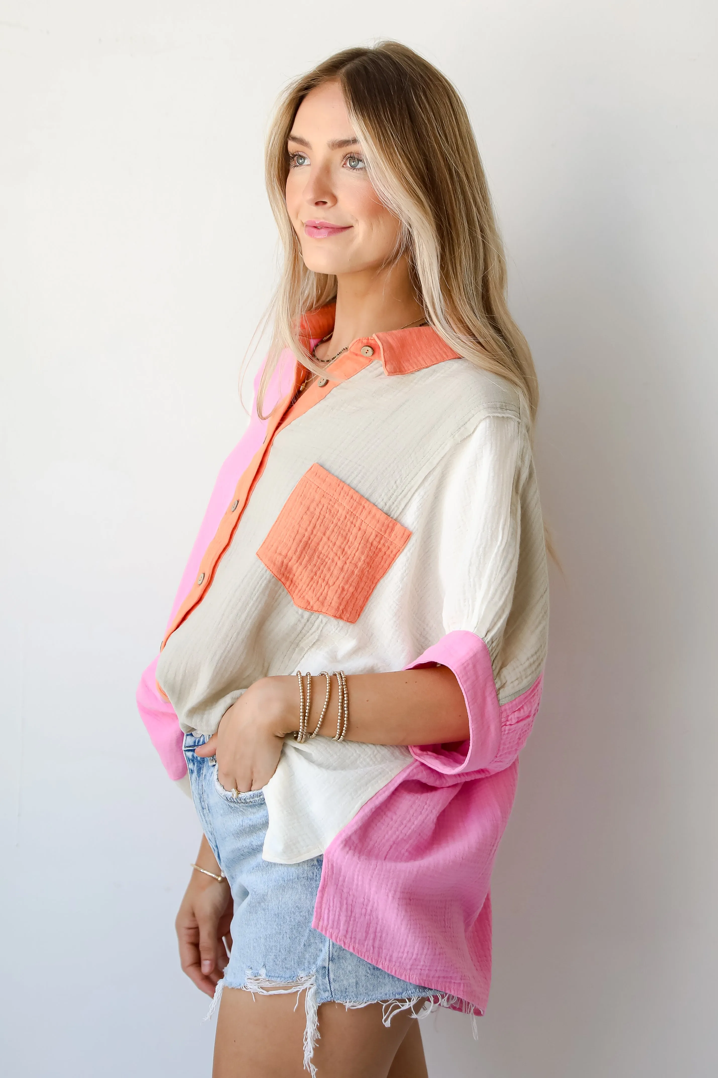 FINAL SALE - Daily Cuteness Color Block Linen Blouse