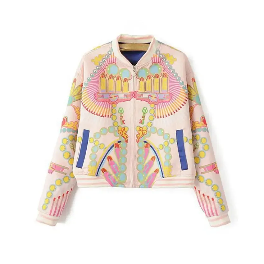 Flower Colored Print Bomber Jacket