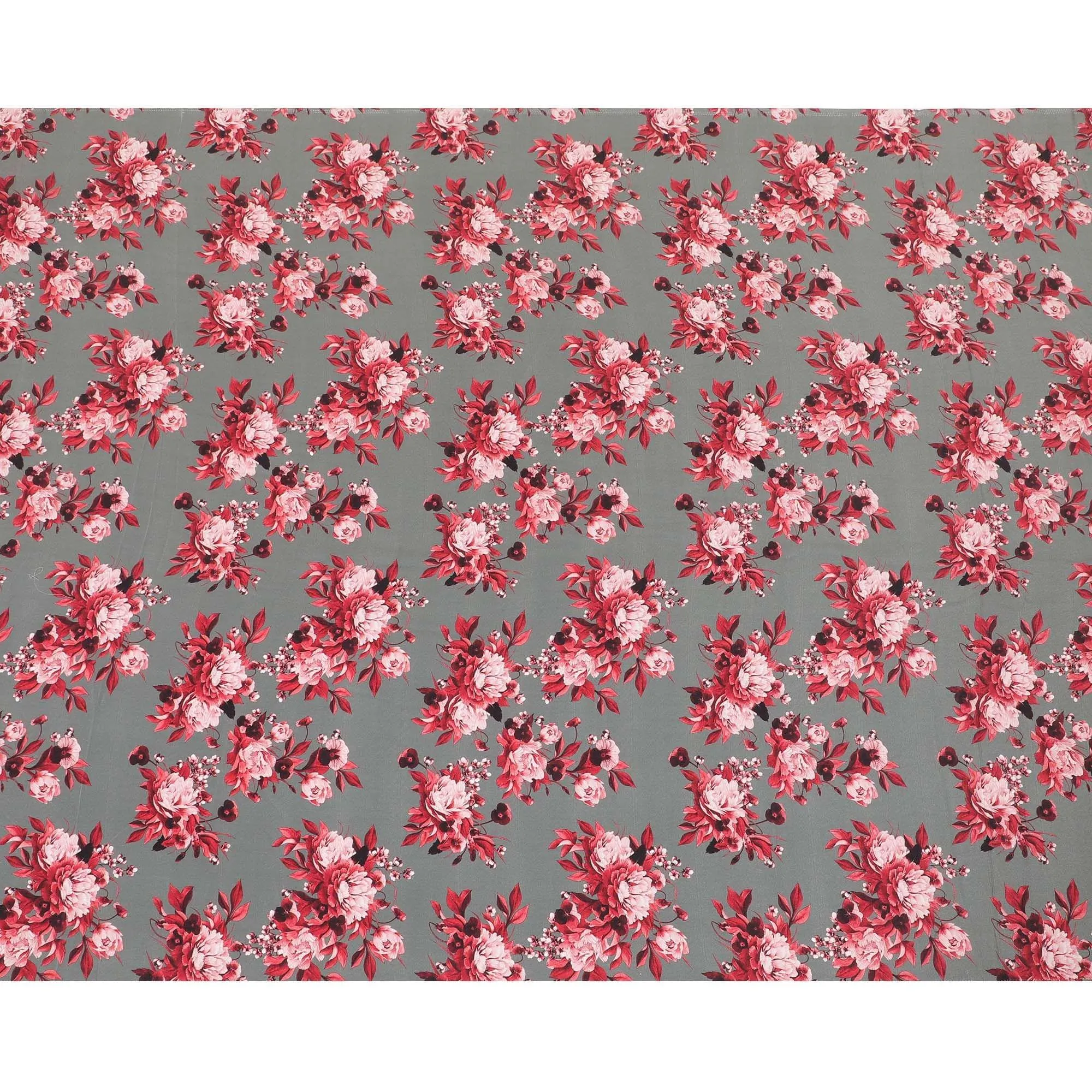 Graphite grey premium pure silk crepe fabric with ruby pink, maroon and light peach print floral design-D9406