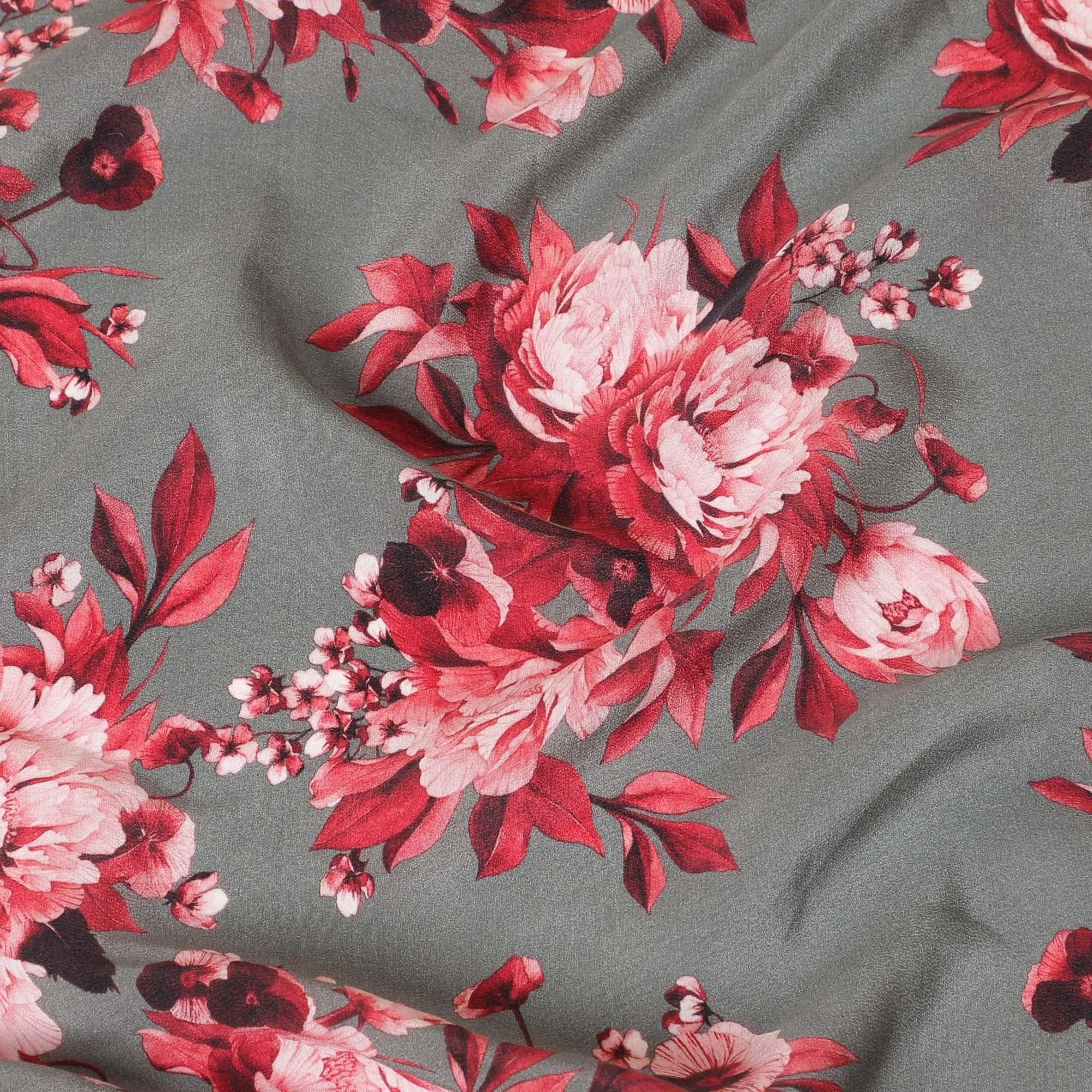 Graphite grey premium pure silk crepe fabric with ruby pink, maroon and light peach print floral design-D9406