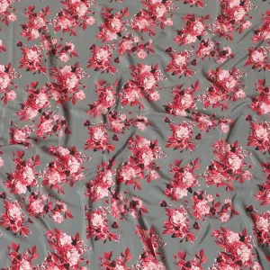 Graphite grey premium pure silk crepe fabric with ruby pink, maroon and light peach print floral design-D9406