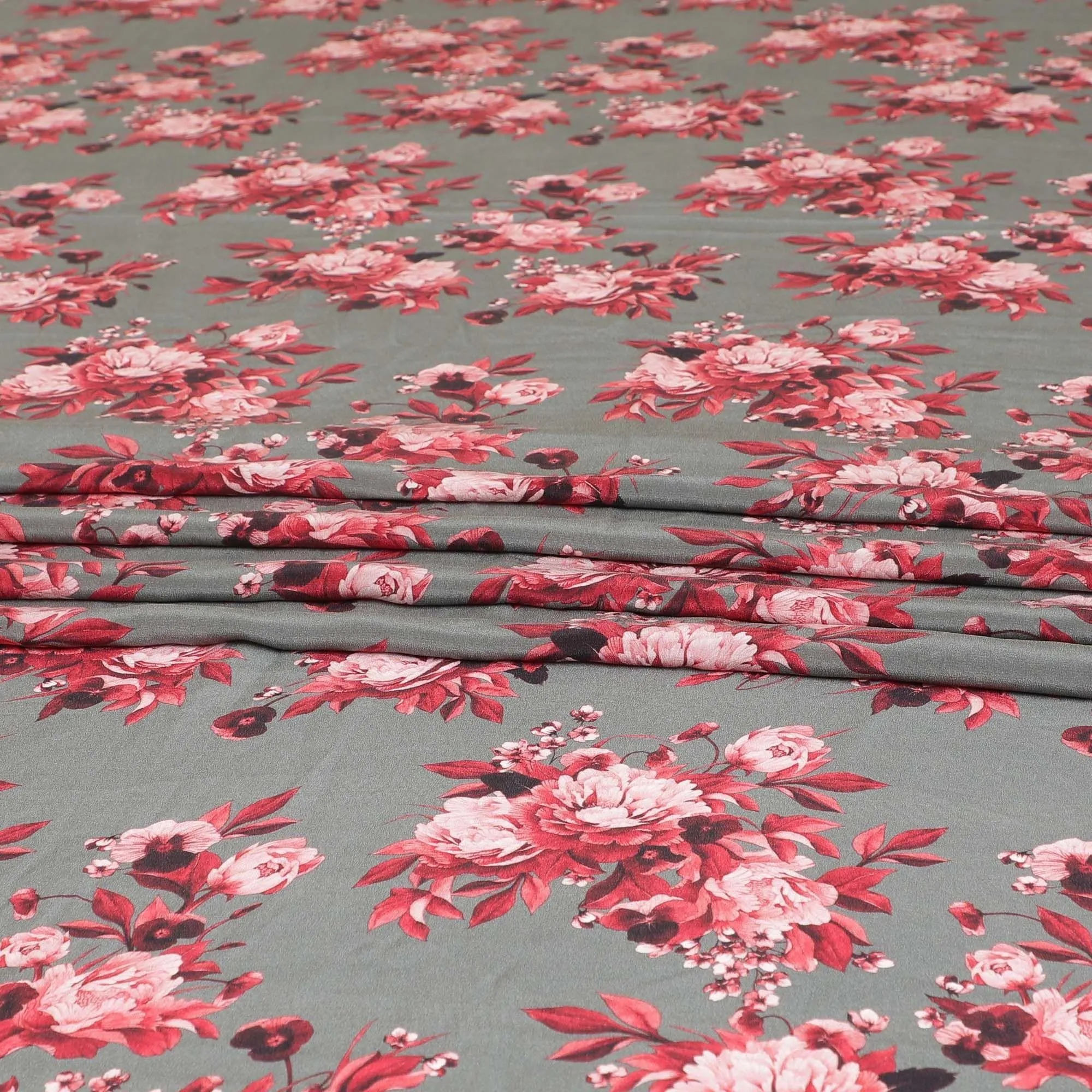 Graphite grey premium pure silk crepe fabric with ruby pink, maroon and light peach print floral design-D9406