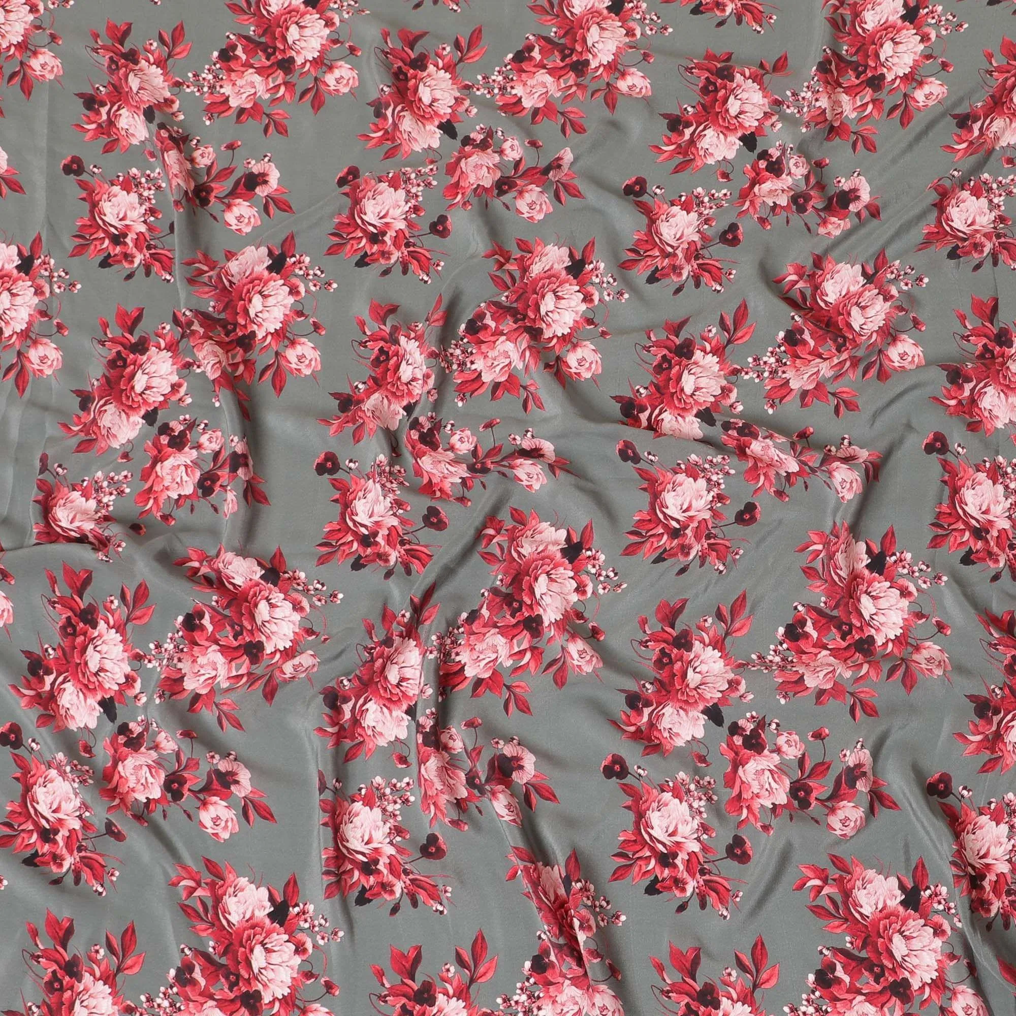 Graphite grey premium pure silk crepe fabric with ruby pink, maroon and light peach print floral design-D9406
