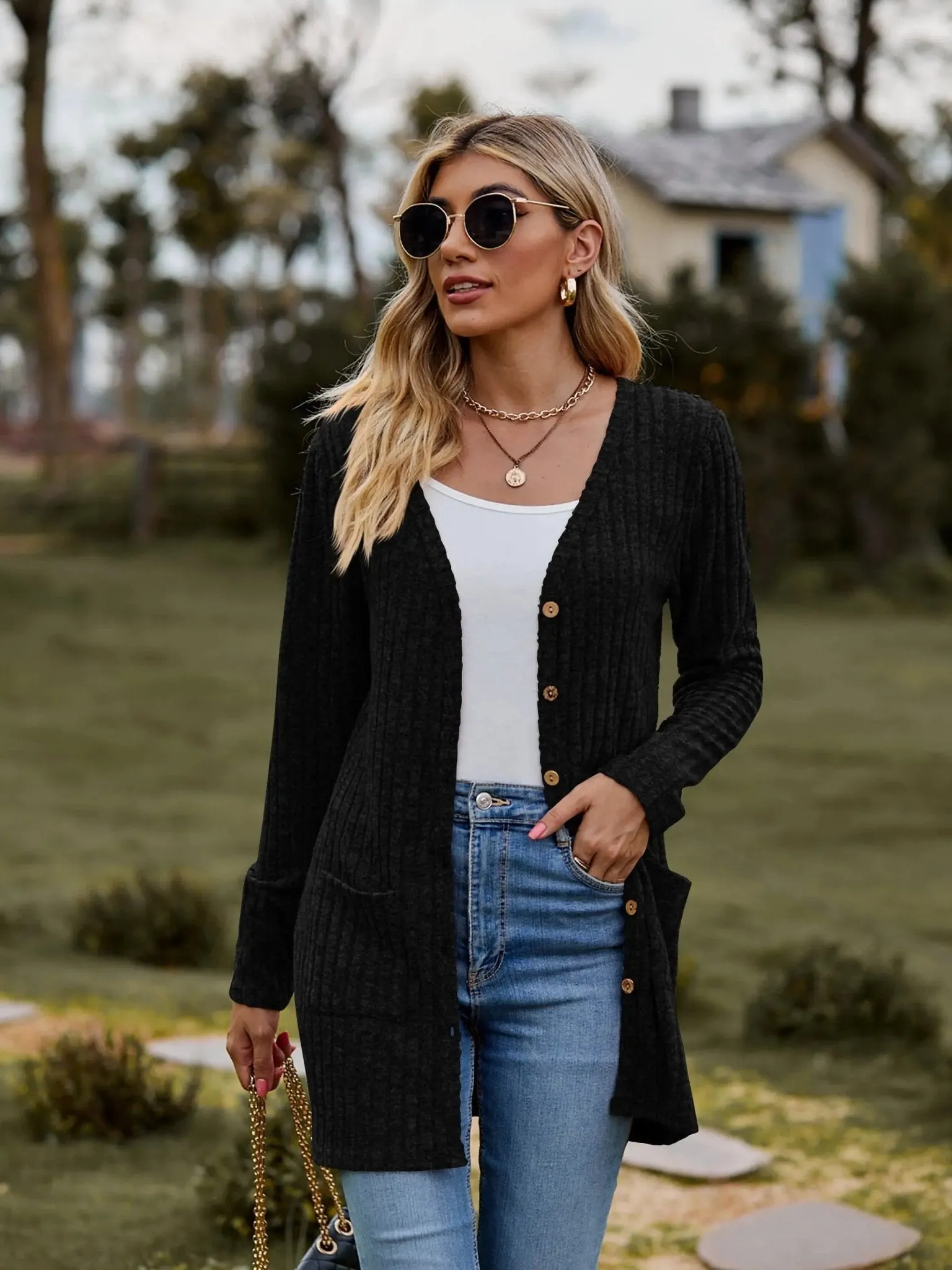 Heathered Button-Up Cardigan in Black