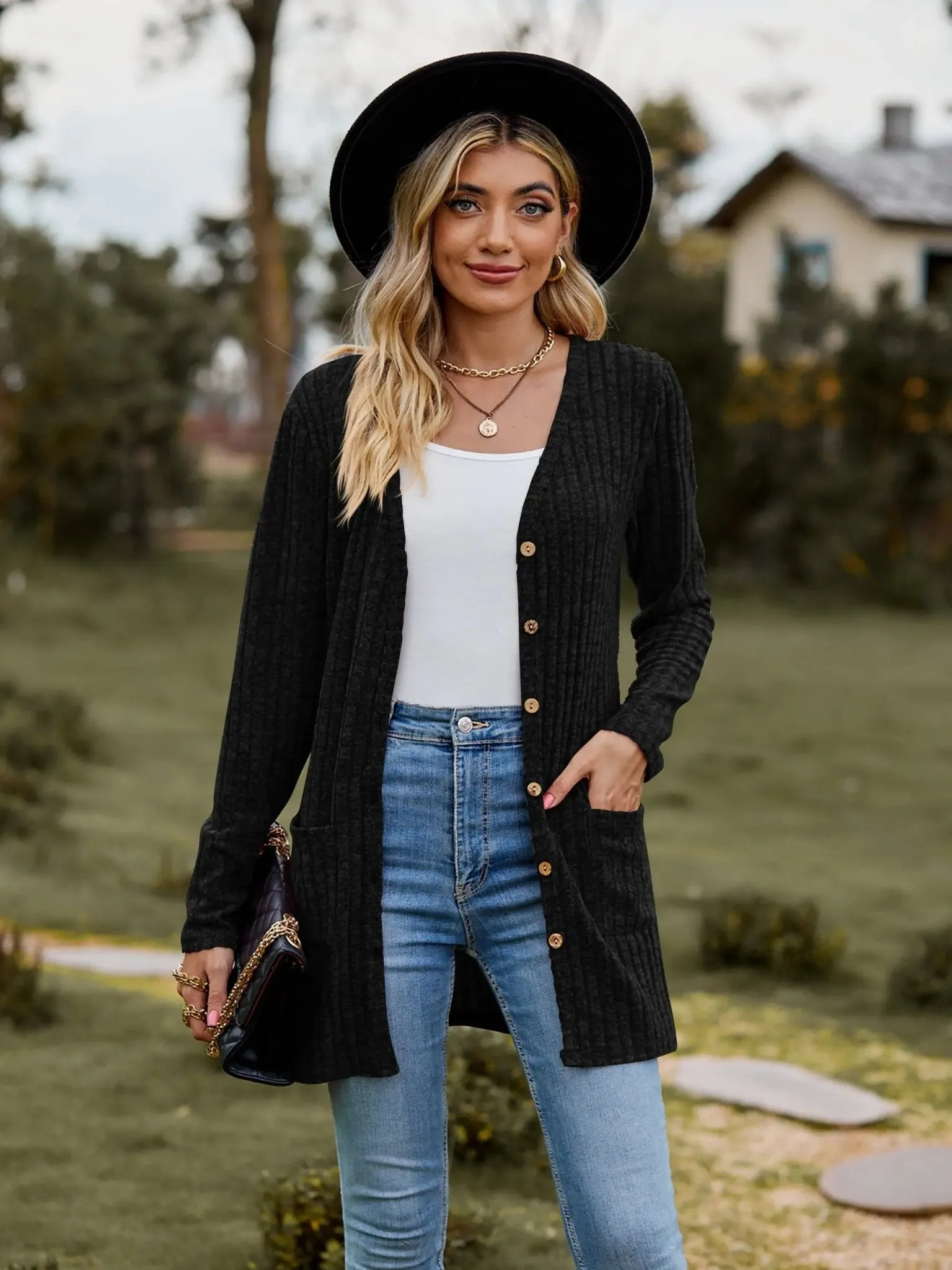 Heathered Button-Up Cardigan in Black