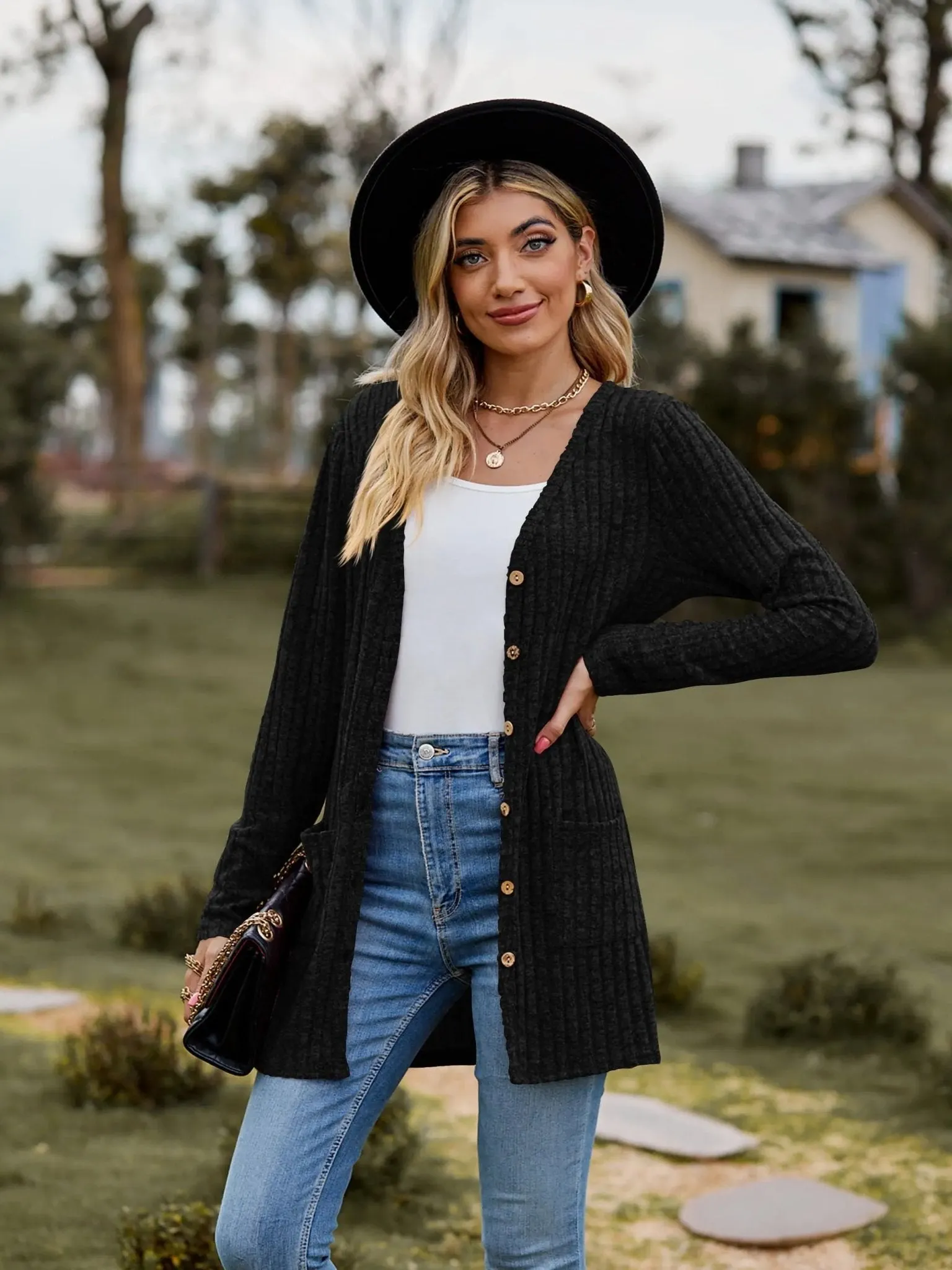 Heathered Button-Up Cardigan in Black