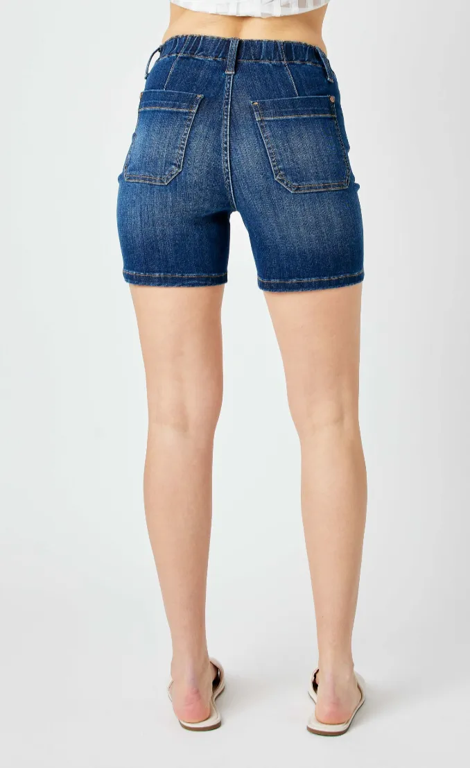 High Waist Elastic Waist Mid - Length Shorts - DK PLUS SIZE