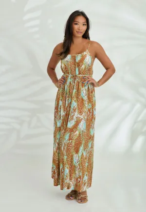 Indii Breeze Cami Plain Maxi Dress with Belt - Leopard Brown
