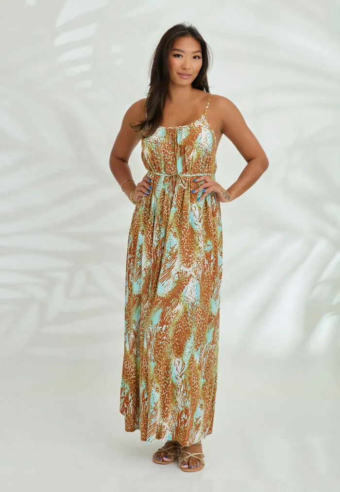 Indii Breeze Cami Plain Maxi Dress with Belt - Leopard Brown