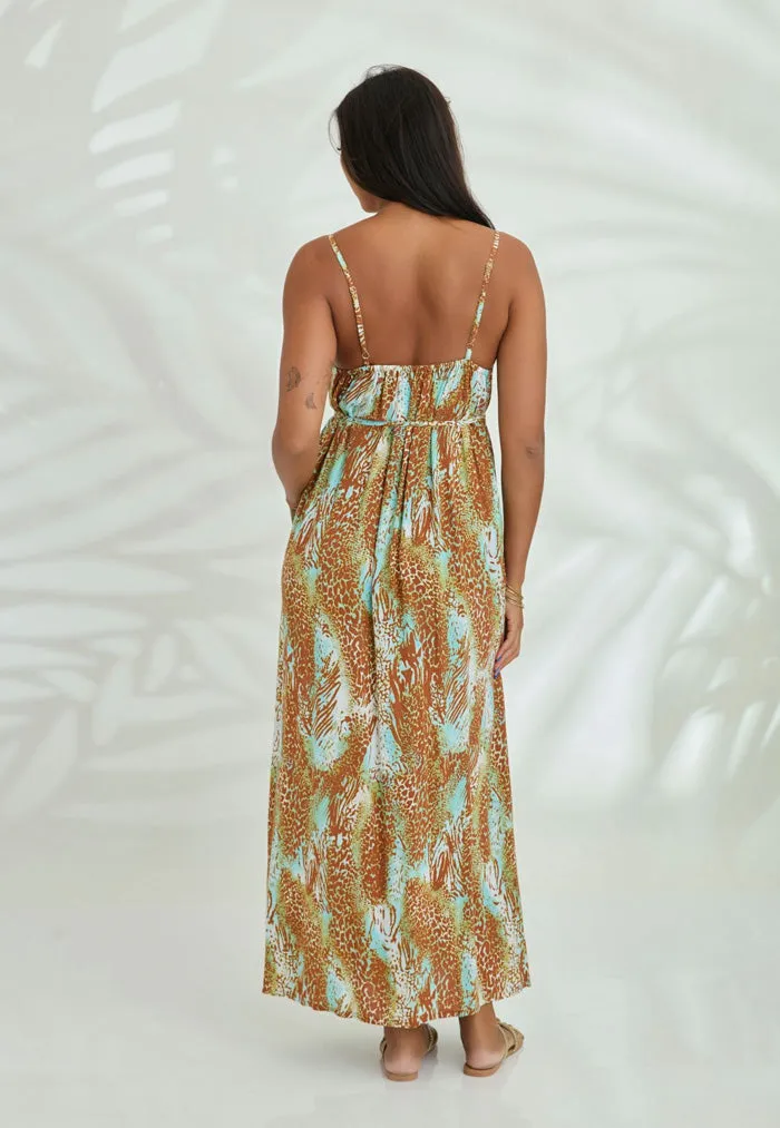 Indii Breeze Cami Plain Maxi Dress with Belt - Leopard Brown