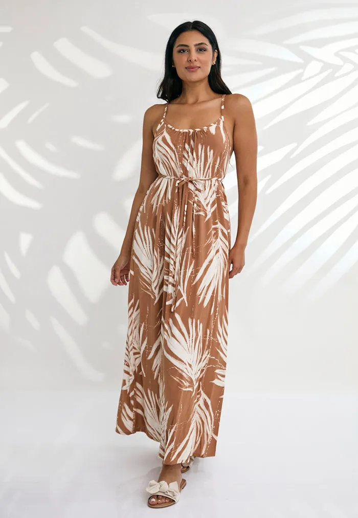 Indii Breeze Cami Plain Maxi Dress with Belt - Maui Beige