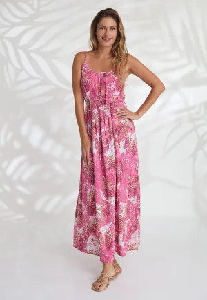 Indii Breeze Cami Plain Maxi Dress with Belt - Pink Angel