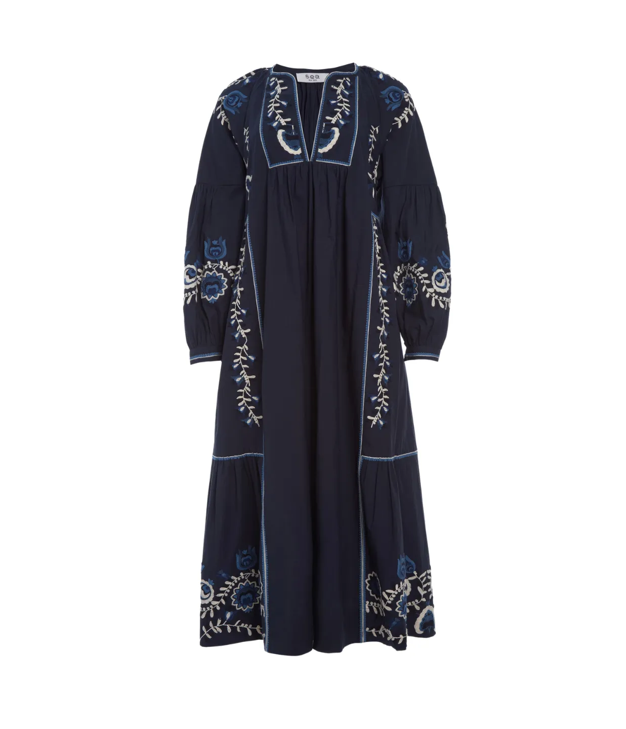 Inga Embroidery Long Sleeve Dress in Navy