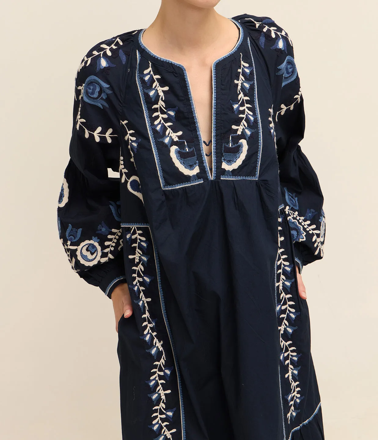 Inga Embroidery Long Sleeve Dress in Navy