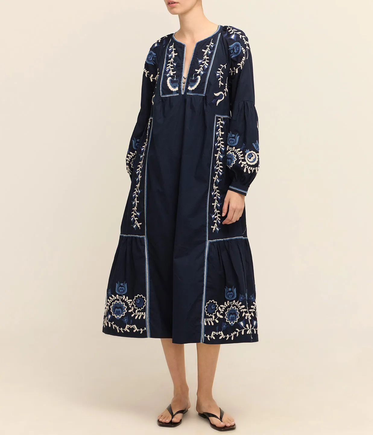 Inga Embroidery Long Sleeve Dress in Navy