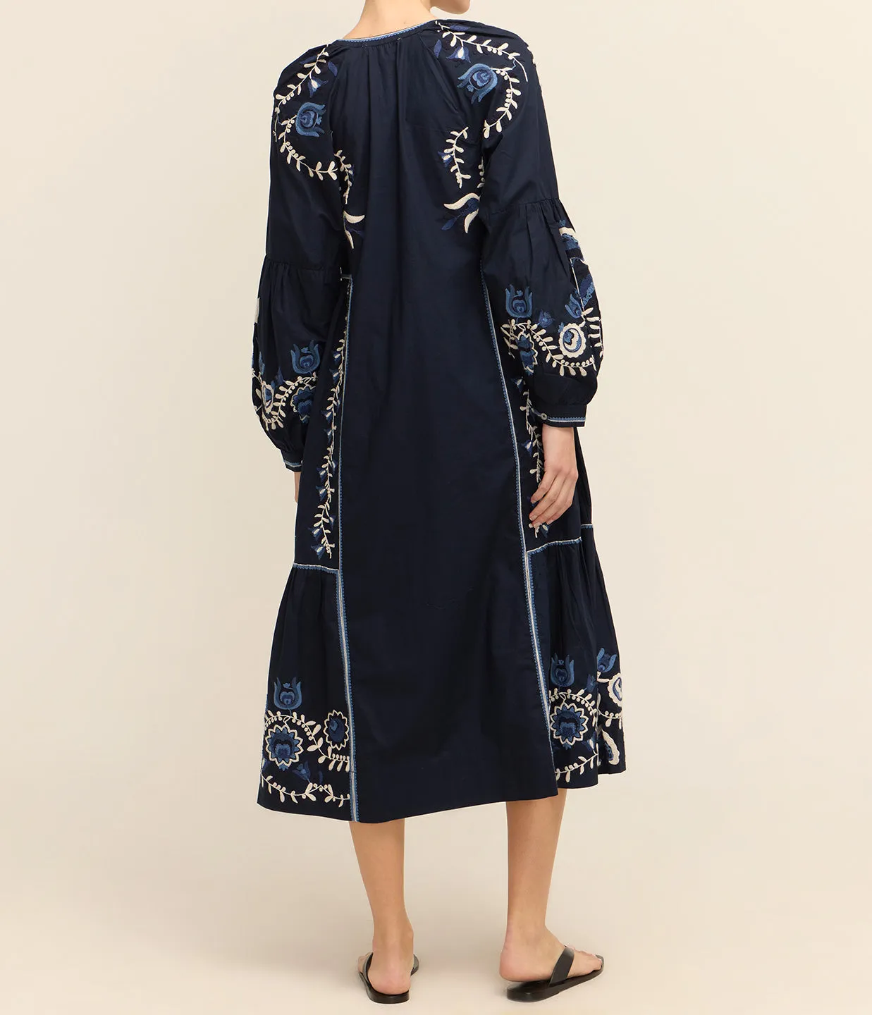 Inga Embroidery Long Sleeve Dress in Navy