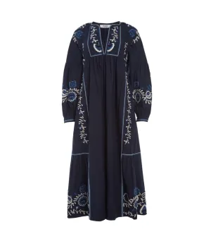 Inga Embroidery Long Sleeve Dress in Navy