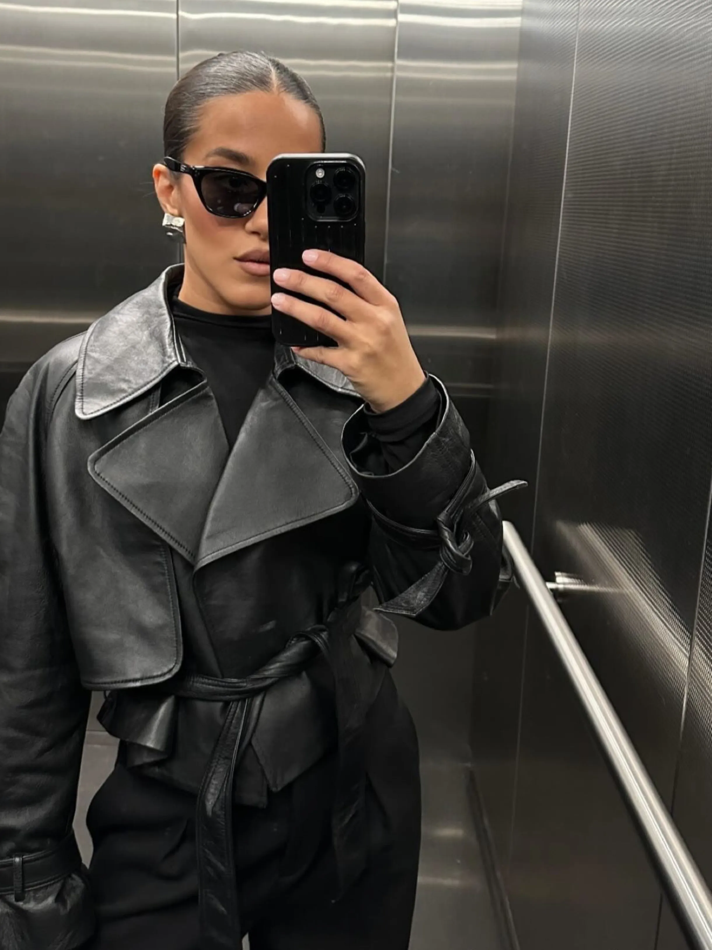 JACKIE LEATHER TRENCH COAT - BLACK