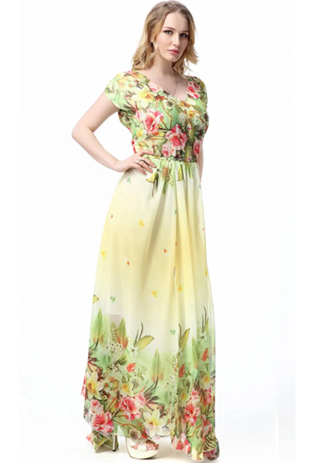 Ketty More Women Flower Blossom Short Sleeve Maxi Dress-KMWD396