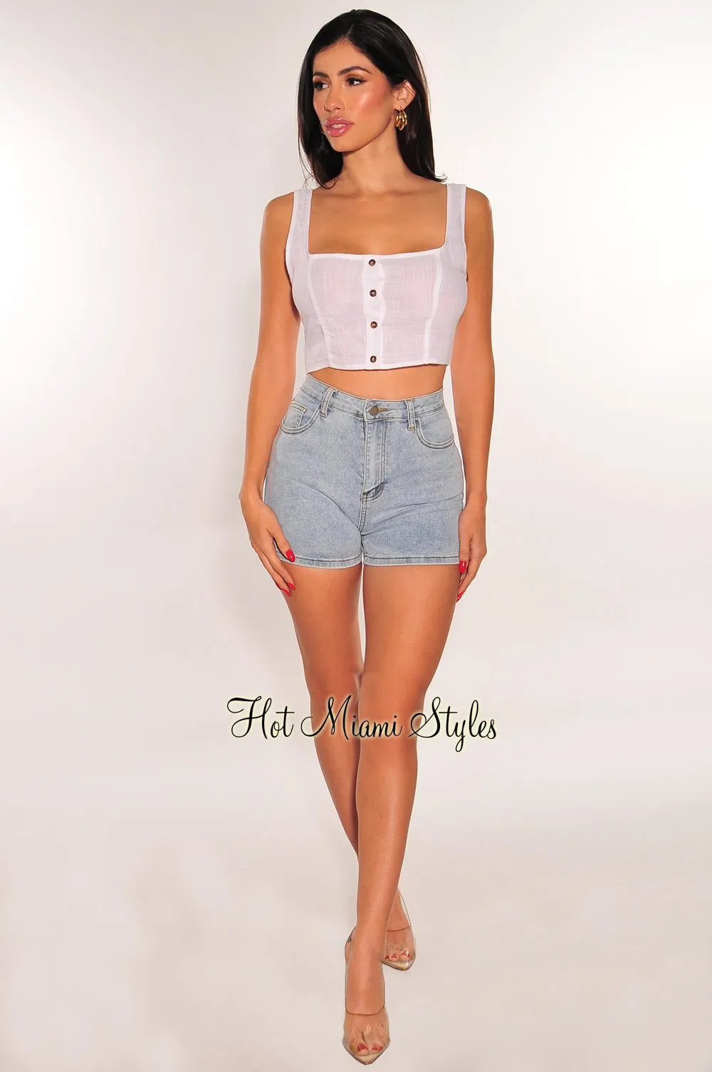 Light Denim High Waist Lace Up Back Shorts