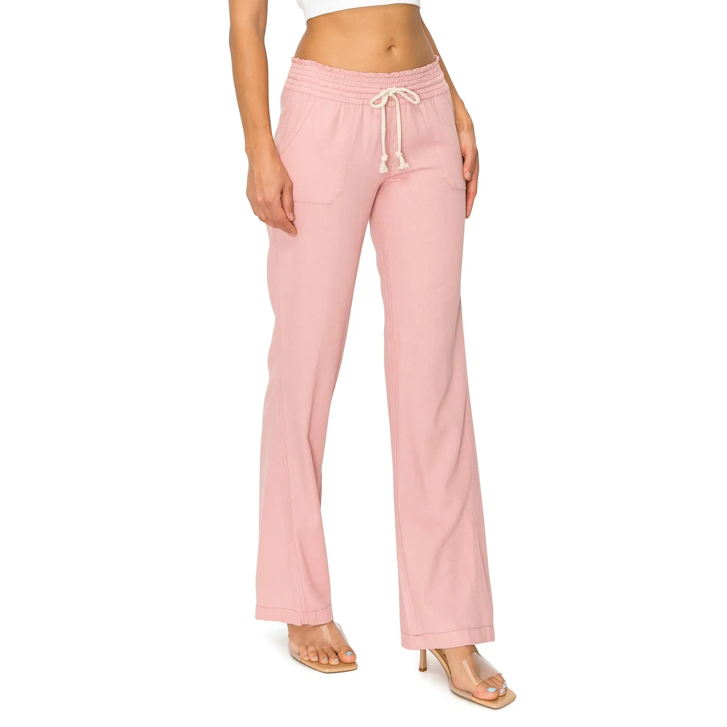 Linen Pants 32" Inseam Drawstring Smocked Waist Beach Pants - Mauve