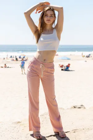 Linen Pants 32" Inseam Drawstring Smocked Waist Beach Pants - Mauve