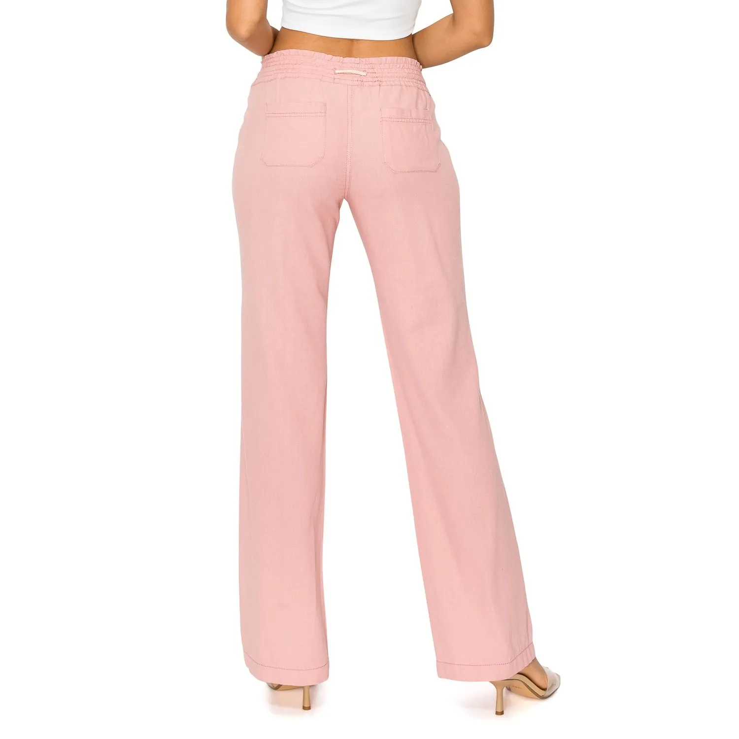 Linen Pants 32" Inseam Drawstring Smocked Waist Beach Pants - Mauve
