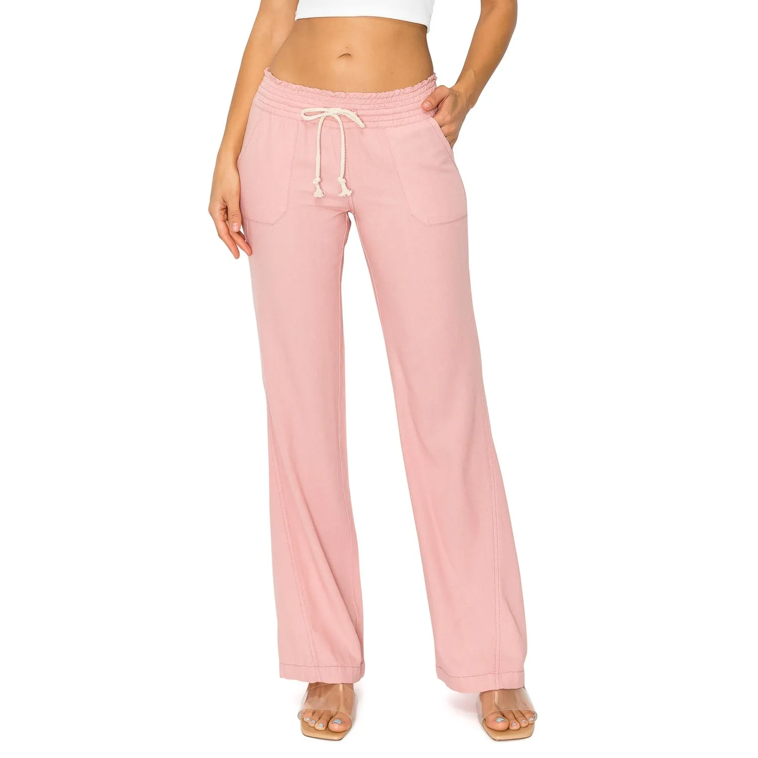 Linen Pants 32" Inseam Drawstring Smocked Waist Beach Pants - Mauve