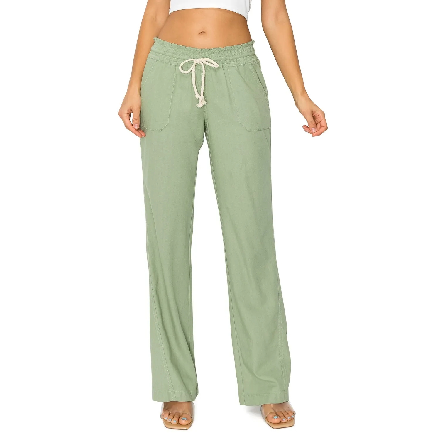 Linen Pants 32" Inseam Drawstring Smocked Waist Beach Pants - Sage