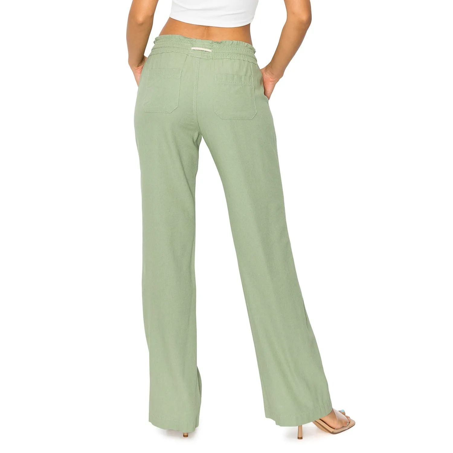 Linen Pants 32" Inseam Drawstring Smocked Waist Beach Pants - Sage