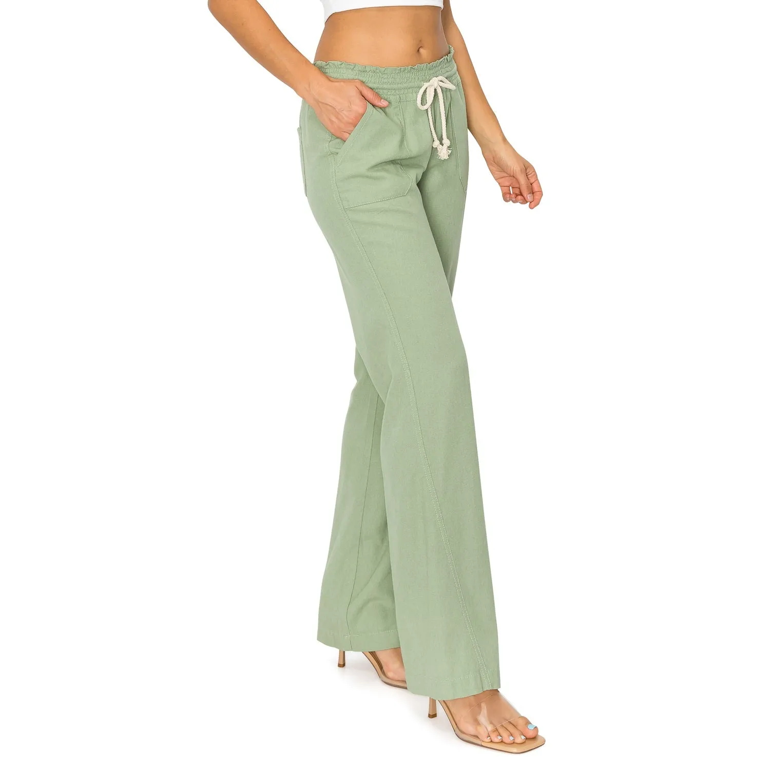 Linen Pants 32" Inseam Drawstring Smocked Waist Beach Pants - Sage