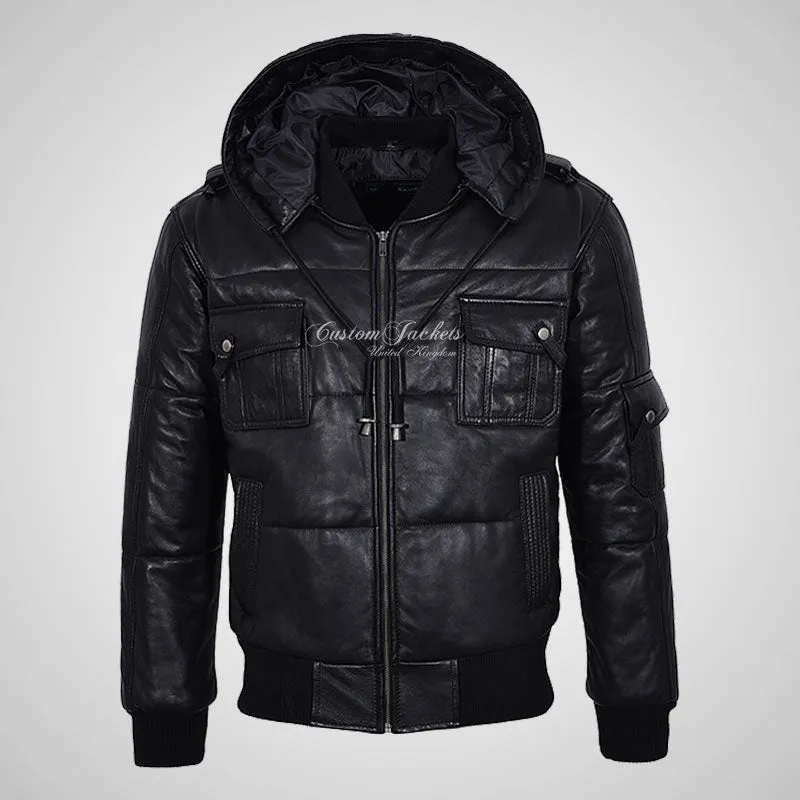 LOCKHEED Men Puffer Padded Bomber Leather Jacket with Removable Hood