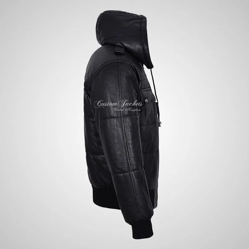 LOCKHEED Men Puffer Padded Bomber Leather Jacket with Removable Hood
