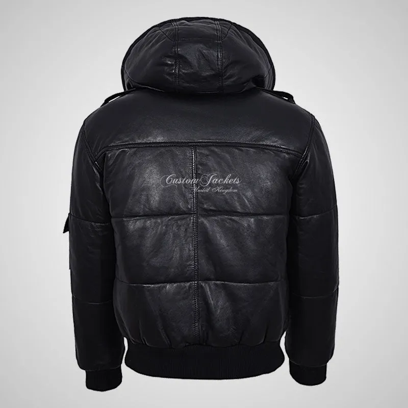 LOCKHEED Men Puffer Padded Bomber Leather Jacket with Removable Hood