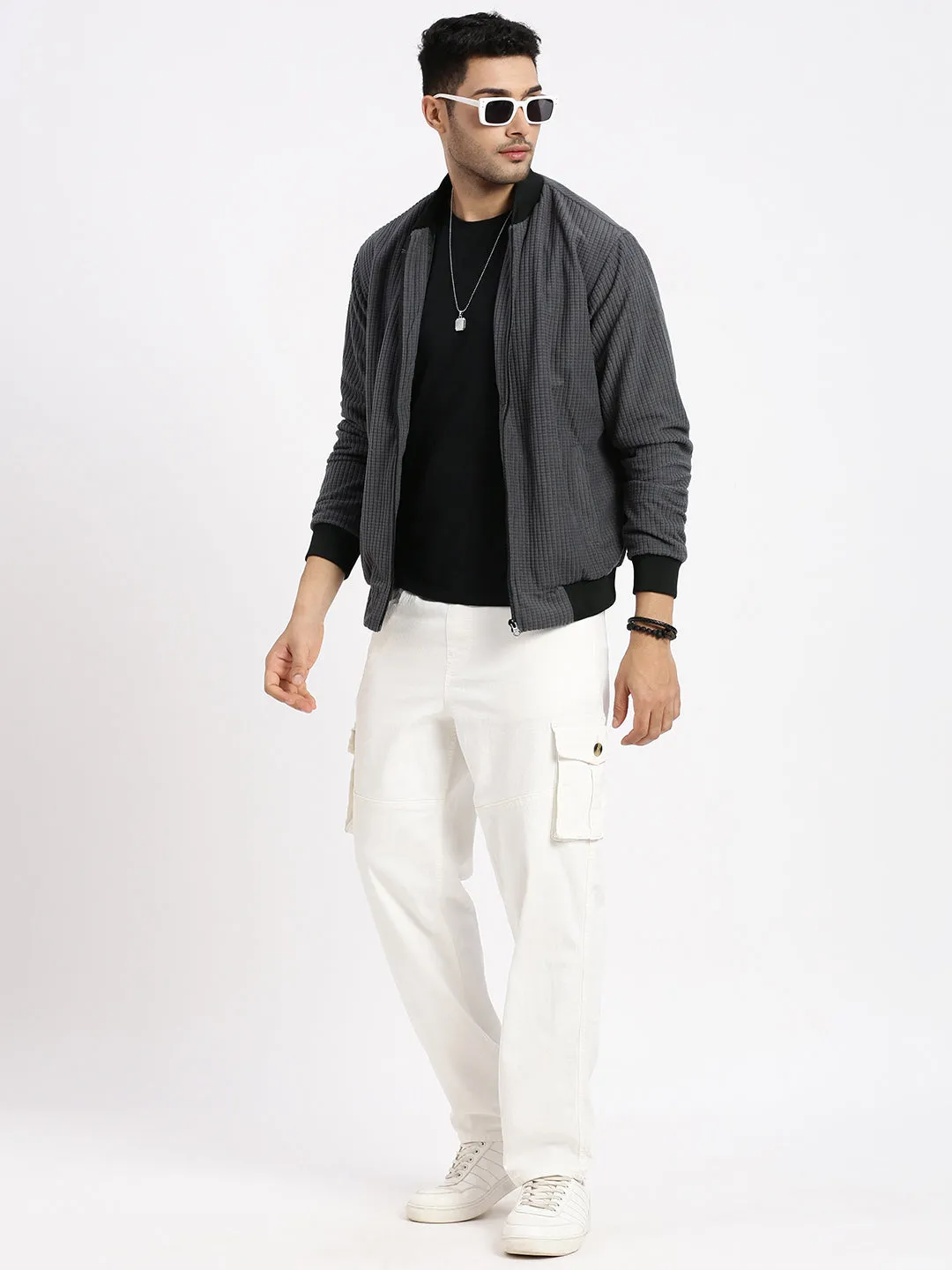 Men Charcoal Solid Bomber Jacket