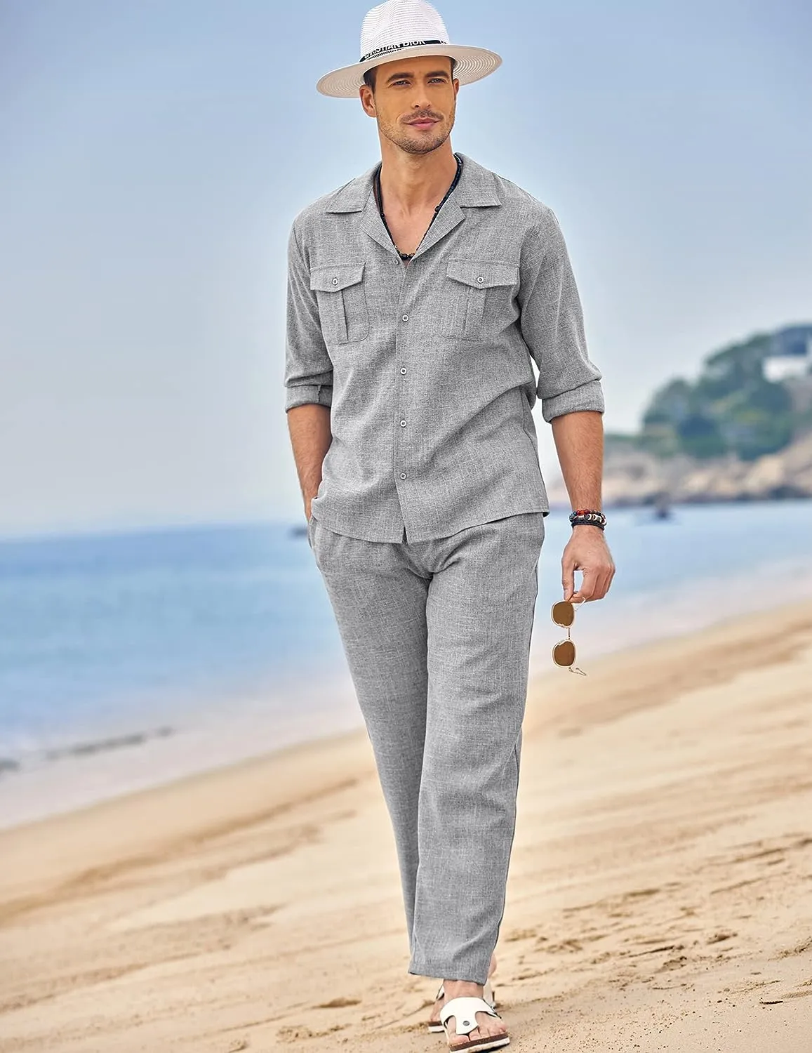 Men's Island Light Grey Linen Short Sleeve Shirt & Pants Set