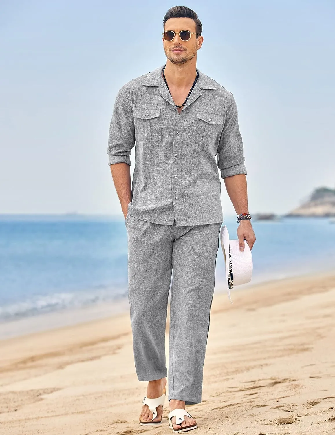 Men's Island Light Grey Linen Short Sleeve Shirt & Pants Set