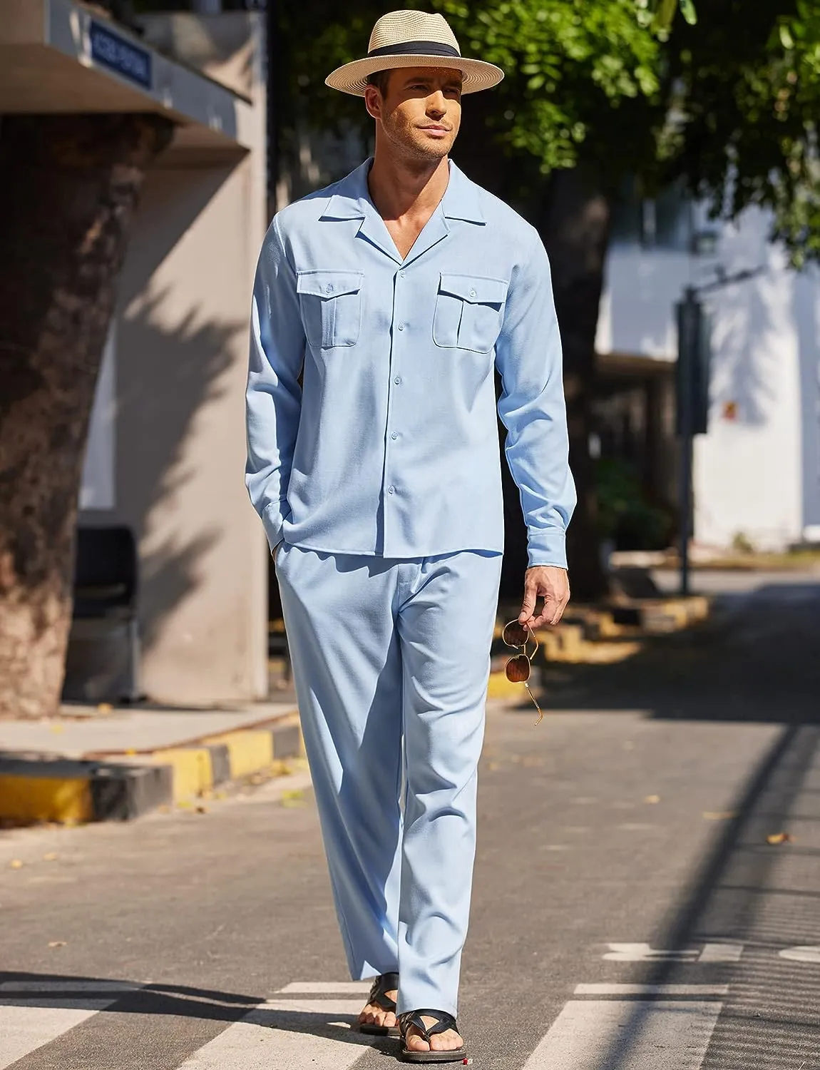 Men's Island Light Grey Linen Short Sleeve Shirt & Pants Set