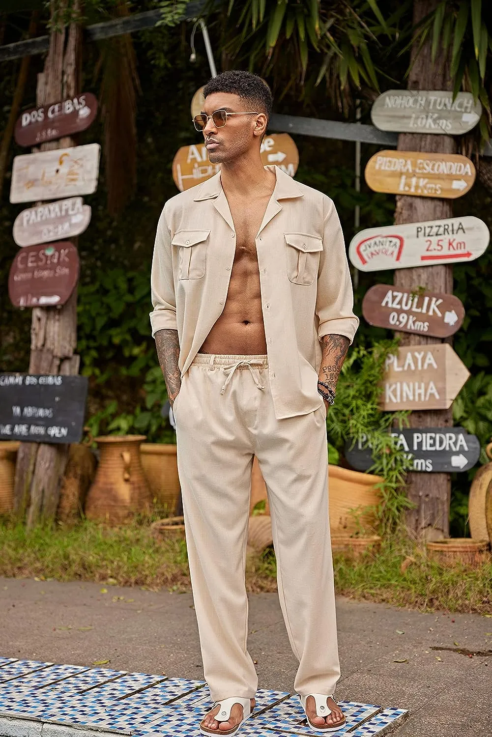 Men's Island Light Grey Linen Short Sleeve Shirt & Pants Set
