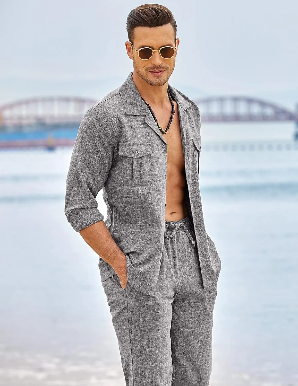 Men's Island Light Grey Linen Short Sleeve Shirt & Pants Set