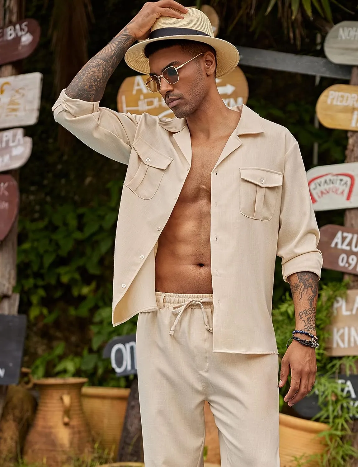 Men's Island Light Grey Linen Short Sleeve Shirt & Pants Set