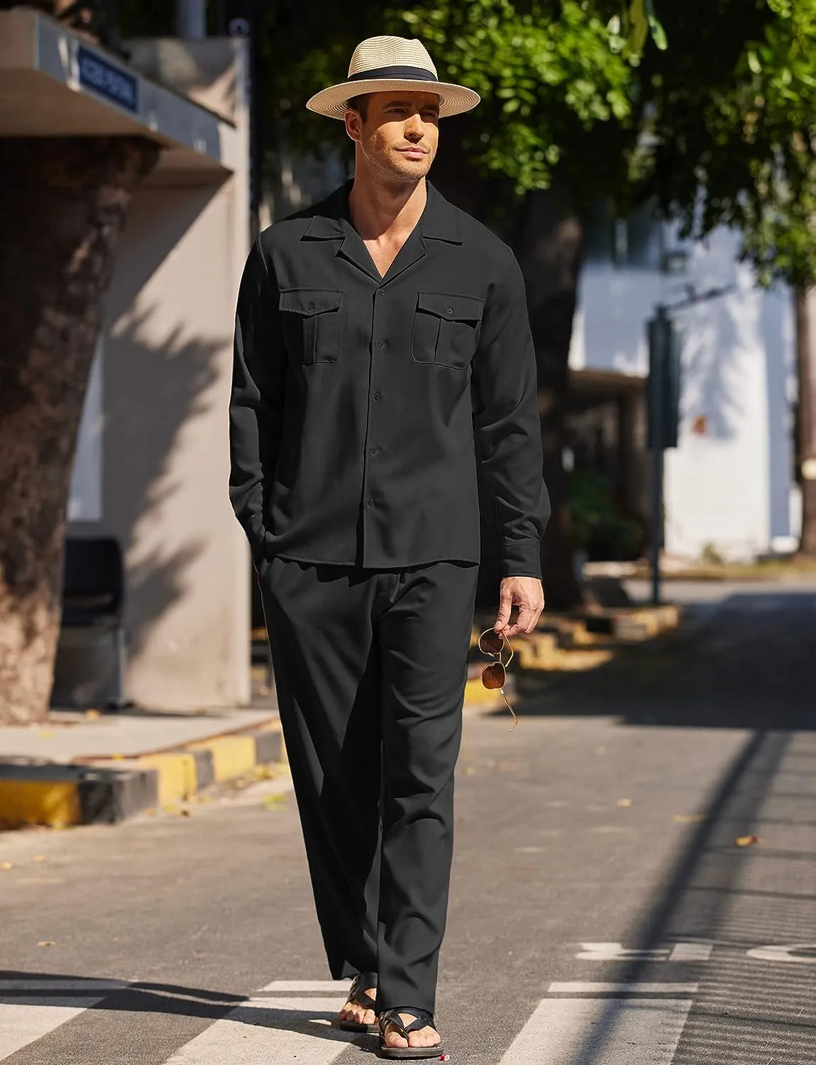 Men's Island Light Grey Linen Short Sleeve Shirt & Pants Set
