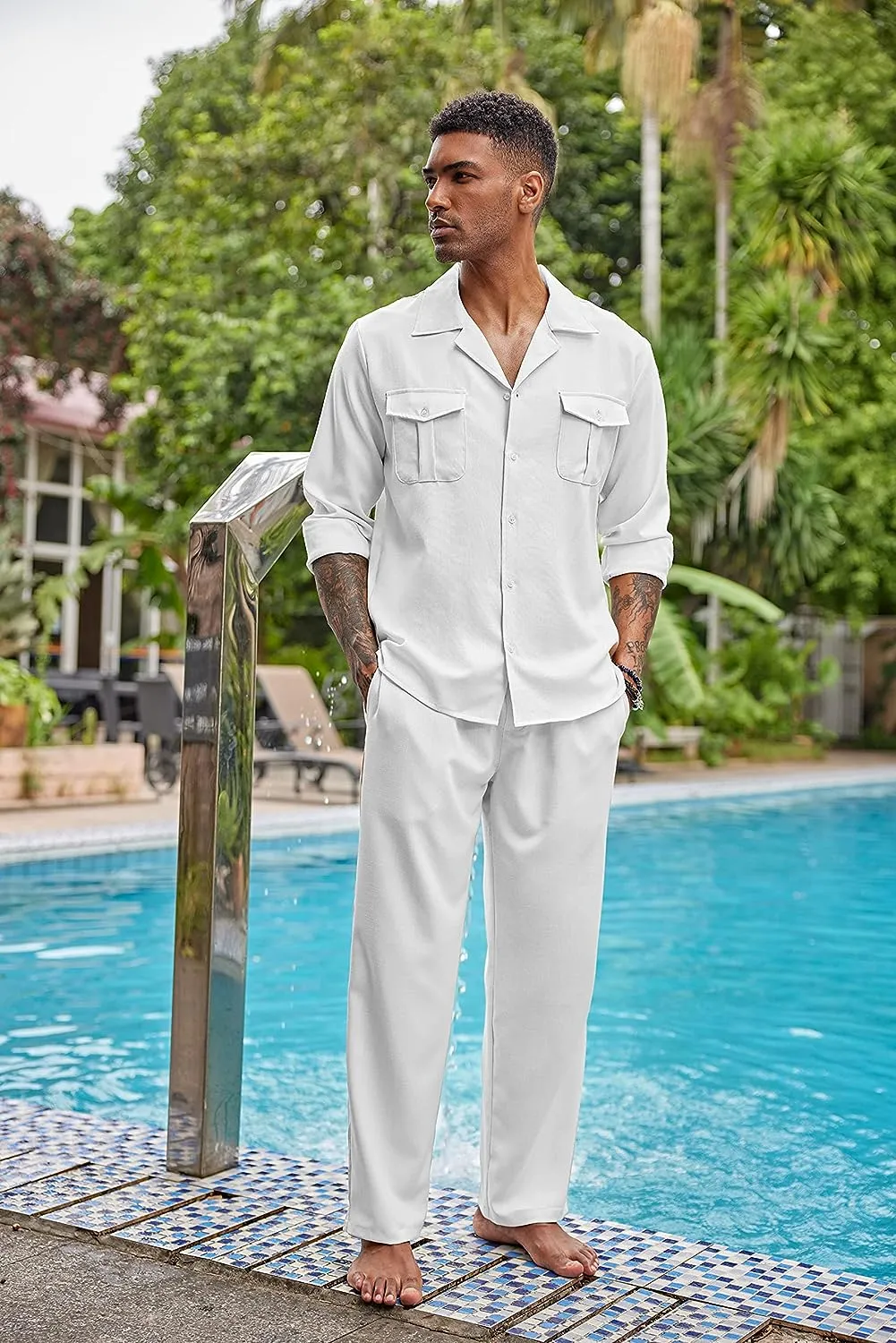 Men's Island White Linen Short Sleeve Shirt & Pants Set